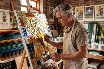 Artiste Art déco appliquant de la feuille d'or sur un vitrail géométrique dans son atelier