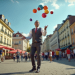 Artiste de rue jonglant avec des ballons colorés dans une place animée