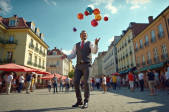 Artiste de rue jonglant avec des ballons colorés dans une place animée