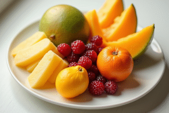 Assortiment de fruits M sur une assiette blanche