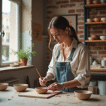 Femme créative peignant des bols en céramique dans un atelier parisien
