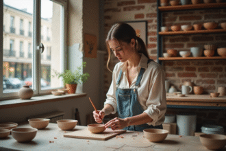 Femme créative peignant des bols en céramique dans un atelier parisien