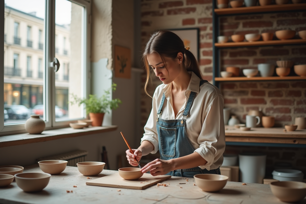 Femme créative peignant des bols en céramique dans un atelier parisien