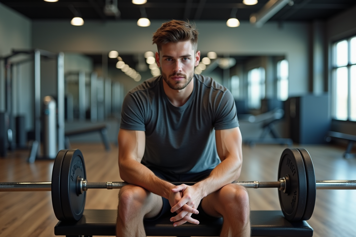 Jeune athlète regardant deux barres olympiques dans une salle de sport