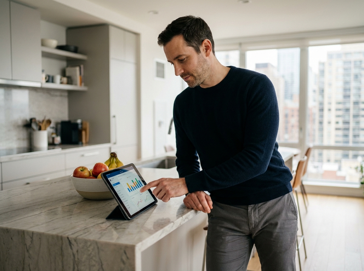 Auto-entrepreneur consultant ses revenus irréguliers sur une application financière depuis sa cuisine moderne