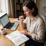 Auto-entrepreneuse en train d'analyser son budget mensuel dans un bureau à domicile avec un carnet de trésorerie