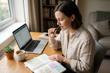 Auto-entrepreneuse en train d'analyser son budget mensuel dans un bureau à domicile avec un carnet de trésorerie