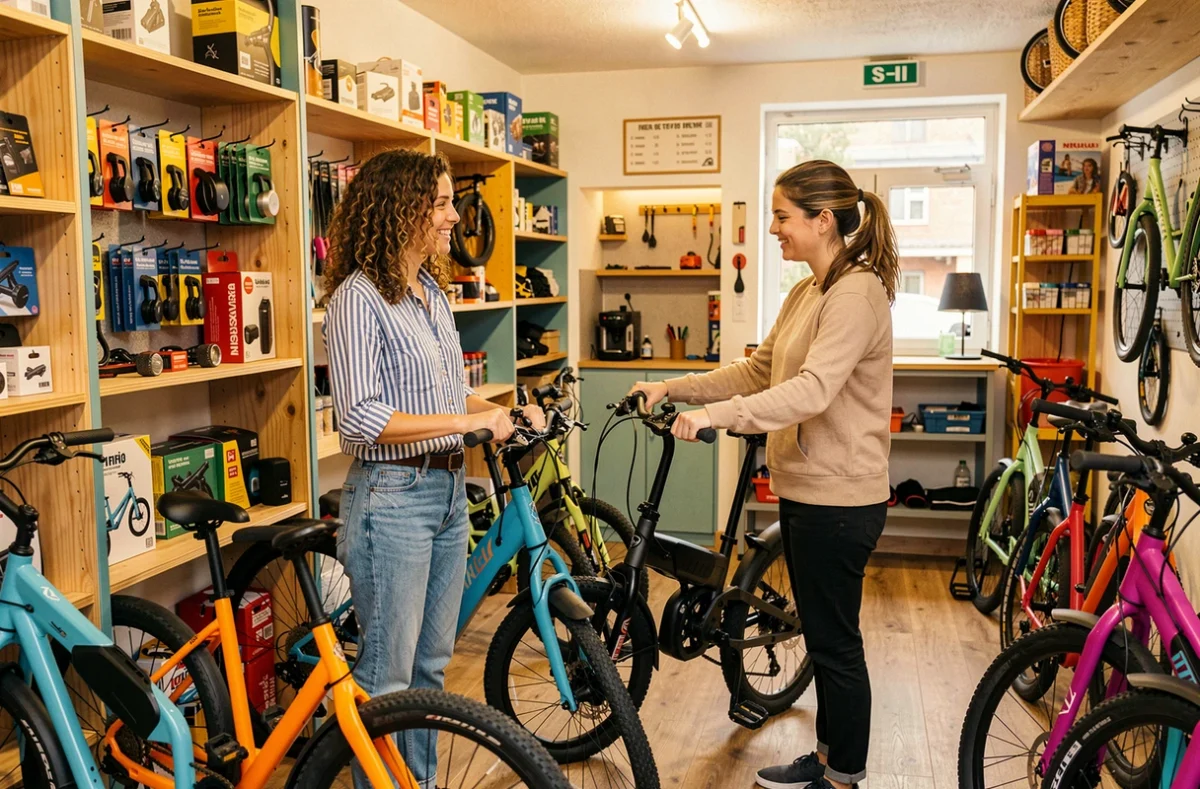 Vendeuse souriante de Bibibike à Toulouse présentant un vélo électrique pliant à une cliente dans la boutique