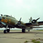 Vue grand angle d'un bombardier Boeing B-17F Flying Fortress restauré sur une piste historique, avec sa livrée olive et ses moteurs radiaux en gros plan