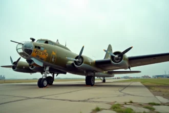 Vue grand angle d'un bombardier Boeing B-17F Flying Fortress restauré sur une piste historique, avec sa livrée olive et ses moteurs radiaux en gros plan