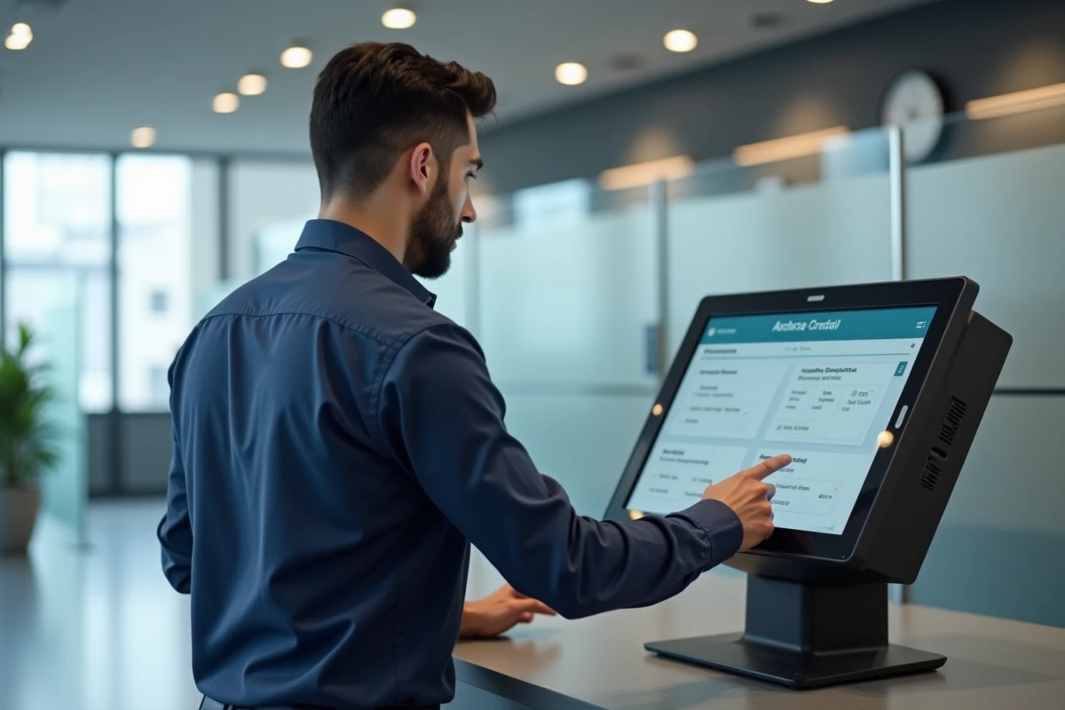 Homme utilisant une borne numérique en libre-service dans un espace de service public pour effectuer des démarches en ligne