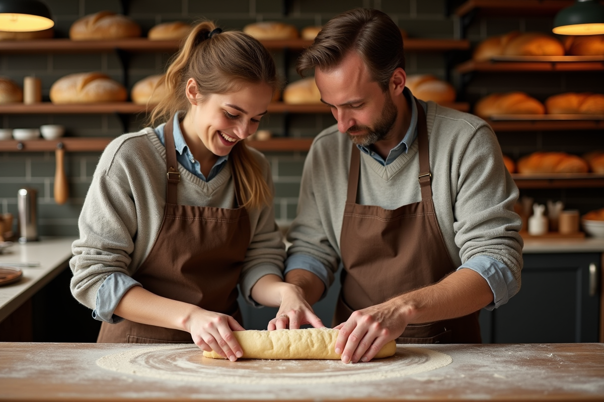 Père et fille façonnant du pain dans une boulangerie parisienne