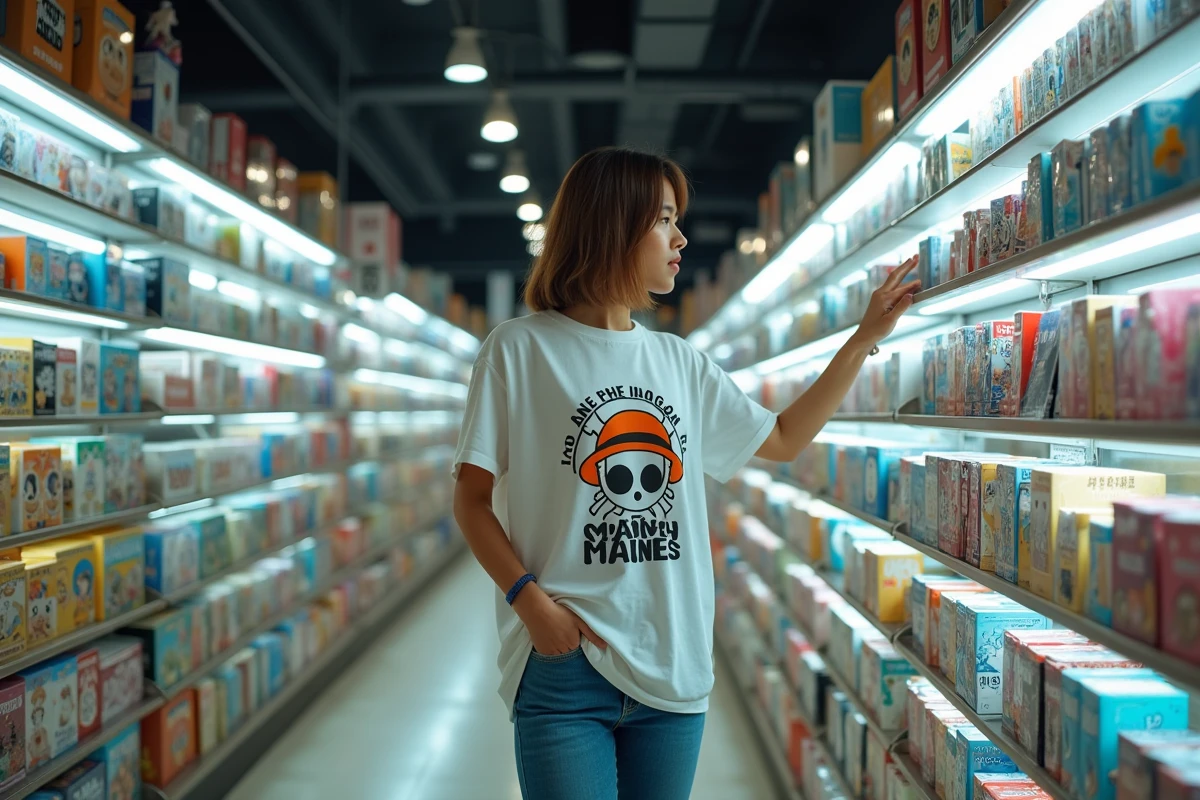 Femme explorant des produits dérivés One Piece dans une boutique de manga spécialisée