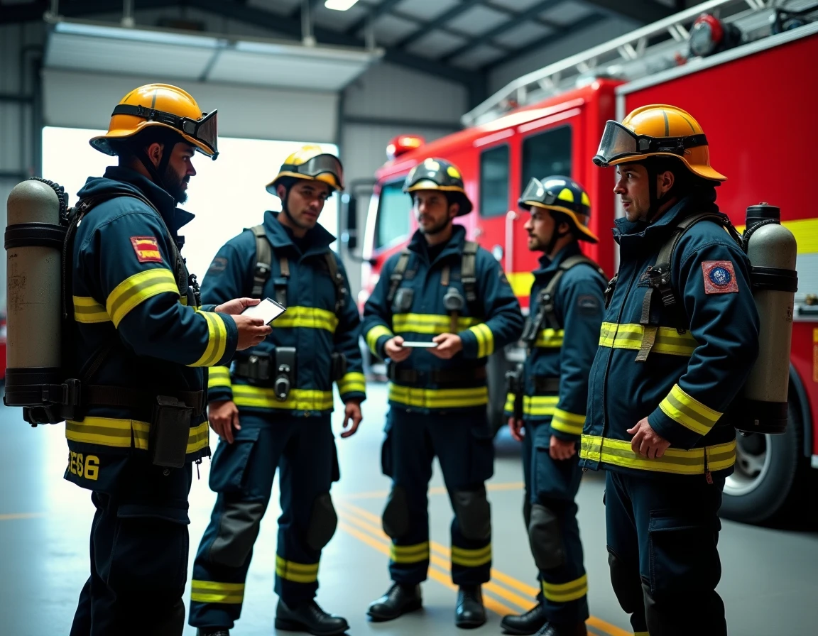 Groupe de pompiers de différents grades lors d'un briefing avant intervention dans une caserne
