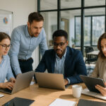Photo hyperrealiste d'un bureau moderne avec équipe collaborative