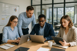 Photo hyperrealiste d'un bureau moderne avec équipe collaborative
