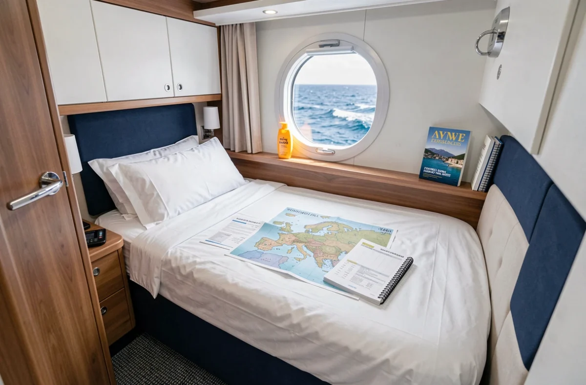 Cabine intérieure confortable d'un bateau de croisière économique avec hublot vue mer et documents de voyage