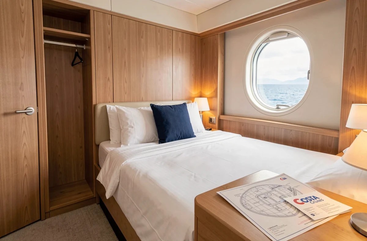 Cabine intérieure confortable d'un bateau Costa Croisières avec lit double et hublot vue mer