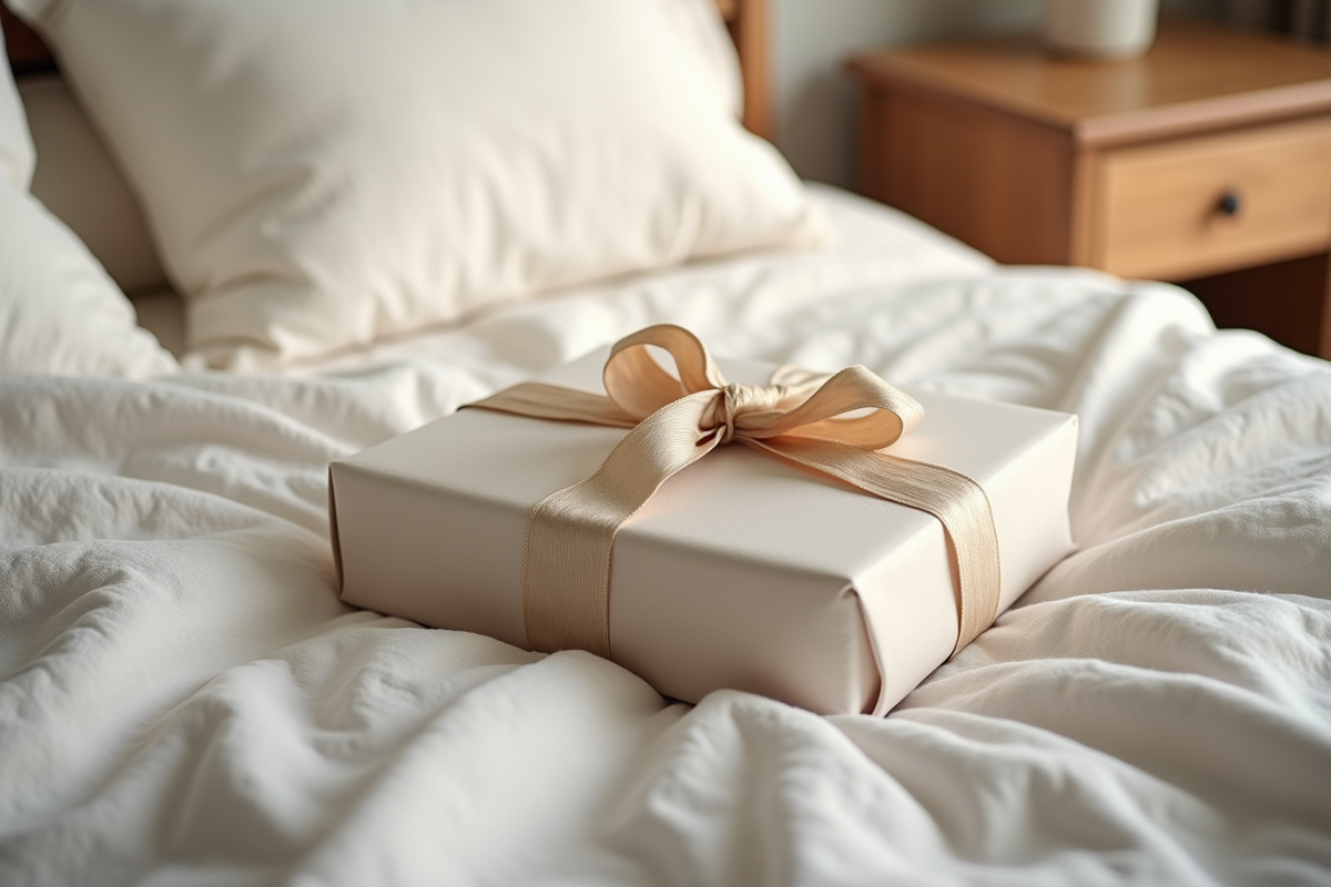 Cadeaux d anniversaire en coton sur un lit douillet