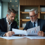 Couple d'affaires analysant des graphiques financiers en réunion