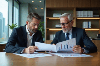 Couple d'affaires analysant des graphiques financiers en réunion