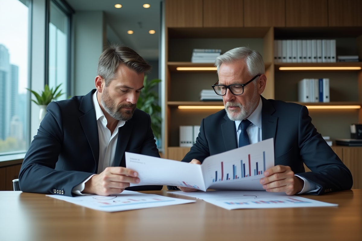 Couple d'affaires analysant des graphiques financiers en réunion