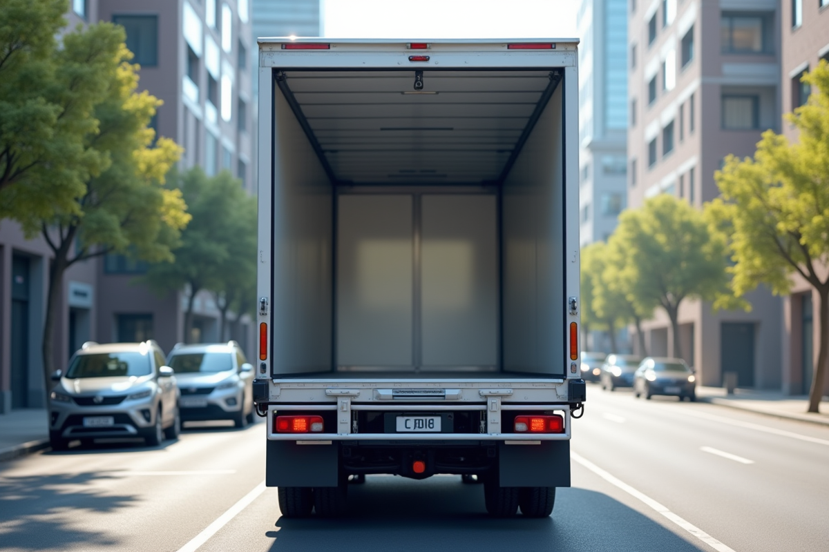 Camion de livraison 20m3 avec portes ouvertes en ville