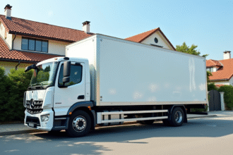 Camion de déménagement 20m3 devant maison moderne ensoleillée