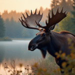 Cerf majestueux près d'un lac en forêt à l'aube