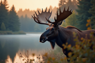Cerf majestueux près d'un lac en forêt à l'aube