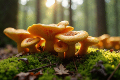 Gros plan sur des chanterelles dorées dans la forêt