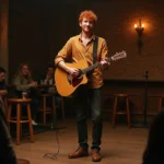 Chanteur roux sur scène dans un bar intimiste tenant une guitare acoustique vintage
