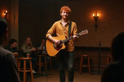 Chanteur roux sur scène dans un bar intimiste tenant une guitare acoustique vintage