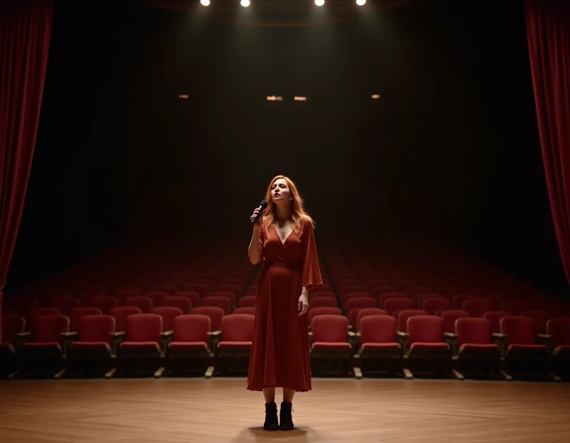 Chanteuse rousse répétant seule sur la grande scène d'un théâtre vide avec micro