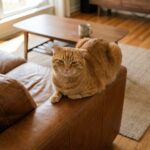 Chat roux installé confortablement sur un canapé en cuir cognac dans un salon moderne