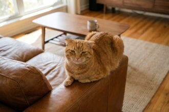 Chat roux installé confortablement sur un canapé en cuir cognac dans un salon moderne