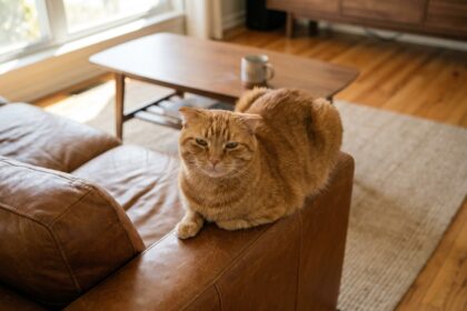 Chat roux installé confortablement sur un canapé en cuir cognac dans un salon moderne