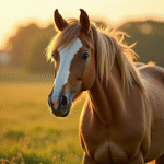Cheval confiant dans un pré ensoleille avec crinière sauvage