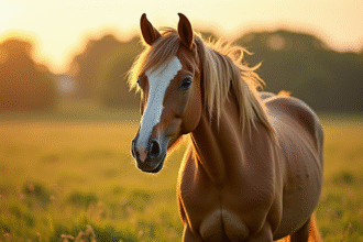 Cheval confiant dans un pré ensoleille avec crinière sauvage
