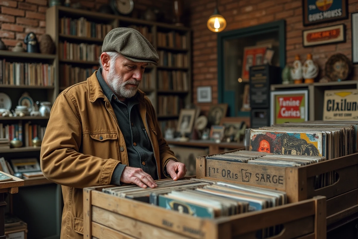 Chineur feuilletant des vinyles anciens dans une boutique de brocante du Pas-de-Calais