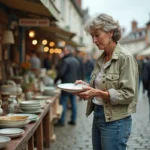 Chineuse examinant une assiette vintage sur un marché aux puces en plein air dans le Pas-de-Calais
