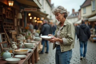 Chineuse examinant une assiette vintage sur un marché aux puces en plein air dans le Pas-de-Calais