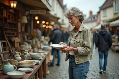 Chineuse examinant une assiette vintage sur un marché aux puces en plein air dans le Pas-de-Calais