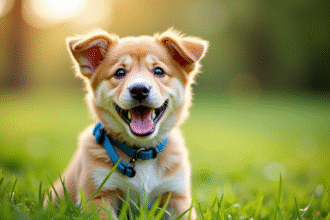Chiot heureux avec collier bleu sur pelouse verte