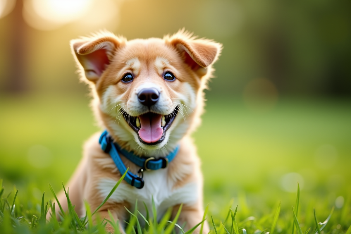 Chiot heureux avec collier bleu sur pelouse verte