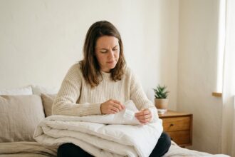 Femme examinant l'étiquette d'une couette blanche épaisse assise sur un lit aux draps en lin neutres