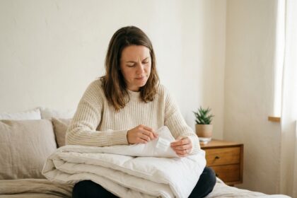 Femme examinant l'étiquette d'une couette blanche épaisse assise sur un lit aux draps en lin neutres