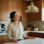 Femme choisissant un luminaire suspendu dans une cuisine moderne avec îlot central et mobilier en bois clair