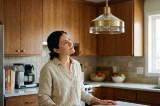 Femme choisissant un luminaire suspendu dans une cuisine moderne avec îlot central et mobilier en bois clair