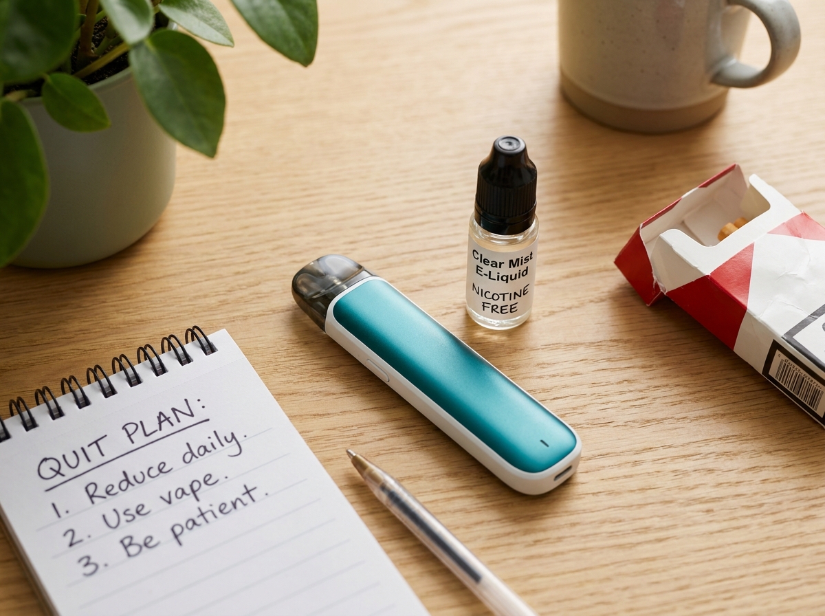 Vue de dessus d'une cigarette électronique pod, un flacon d'e-liquide et un carnet de notes sur un bureau en bois, symbolisant la démarche d'arrêt du tabac